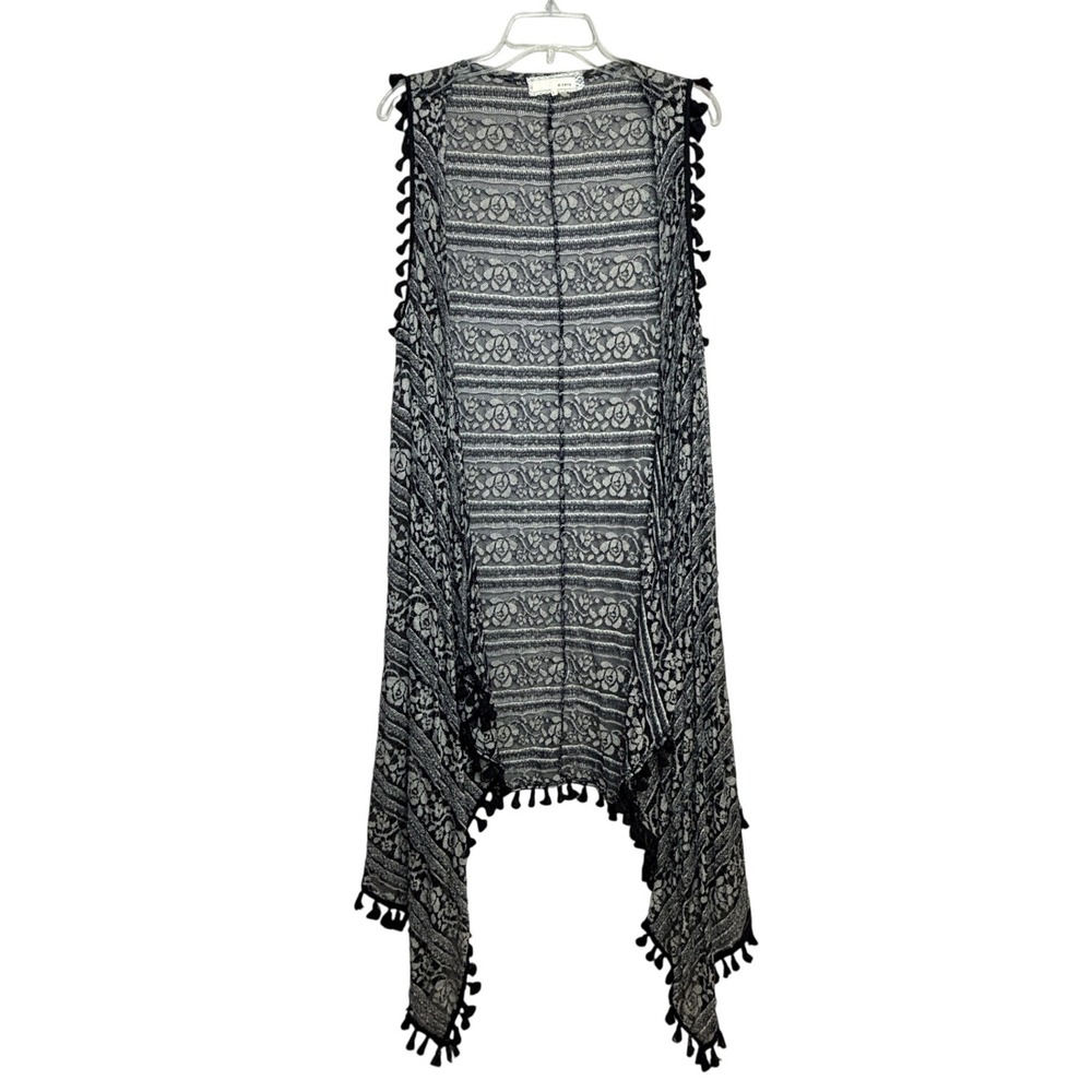 A'Reve Lace Trim Tassel Vest Womens Large Black White Boho‎ Whimsigoth Fairycore